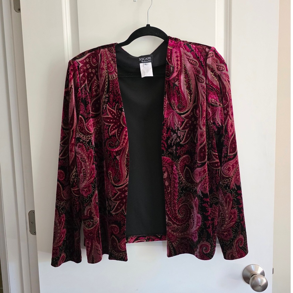 Vintage 90s Y2K Jewel-Toned Paisley Velvet Open Front Blazer Cocktail Jacket